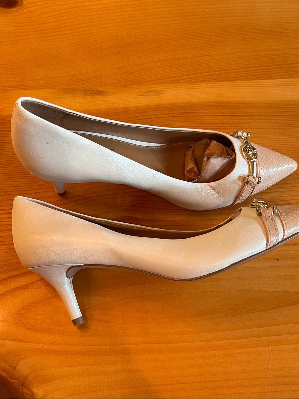 Coach Cream Pointed Toe Kitten Heel Pumps with Gold Accent